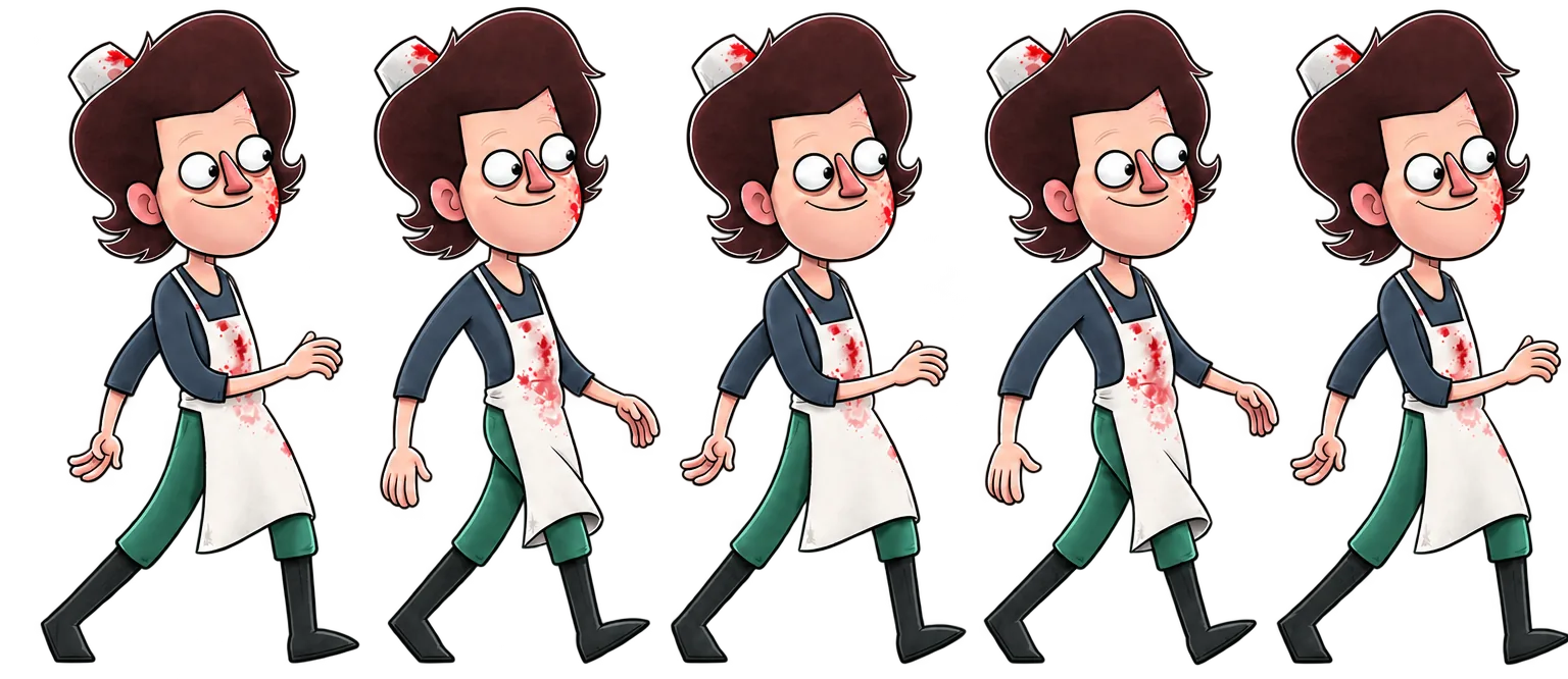 Ciclo de caminhada do açougueiro Carne Moída em cinco poses, animação cut out feita no Toon Boom
