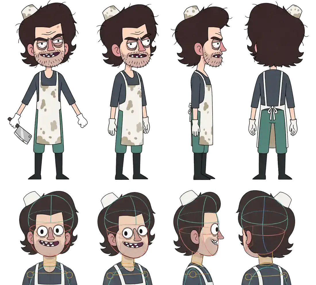 Model sheet do mascote açougueiro do Carne Moída em várias vistas, usado no rig cut out